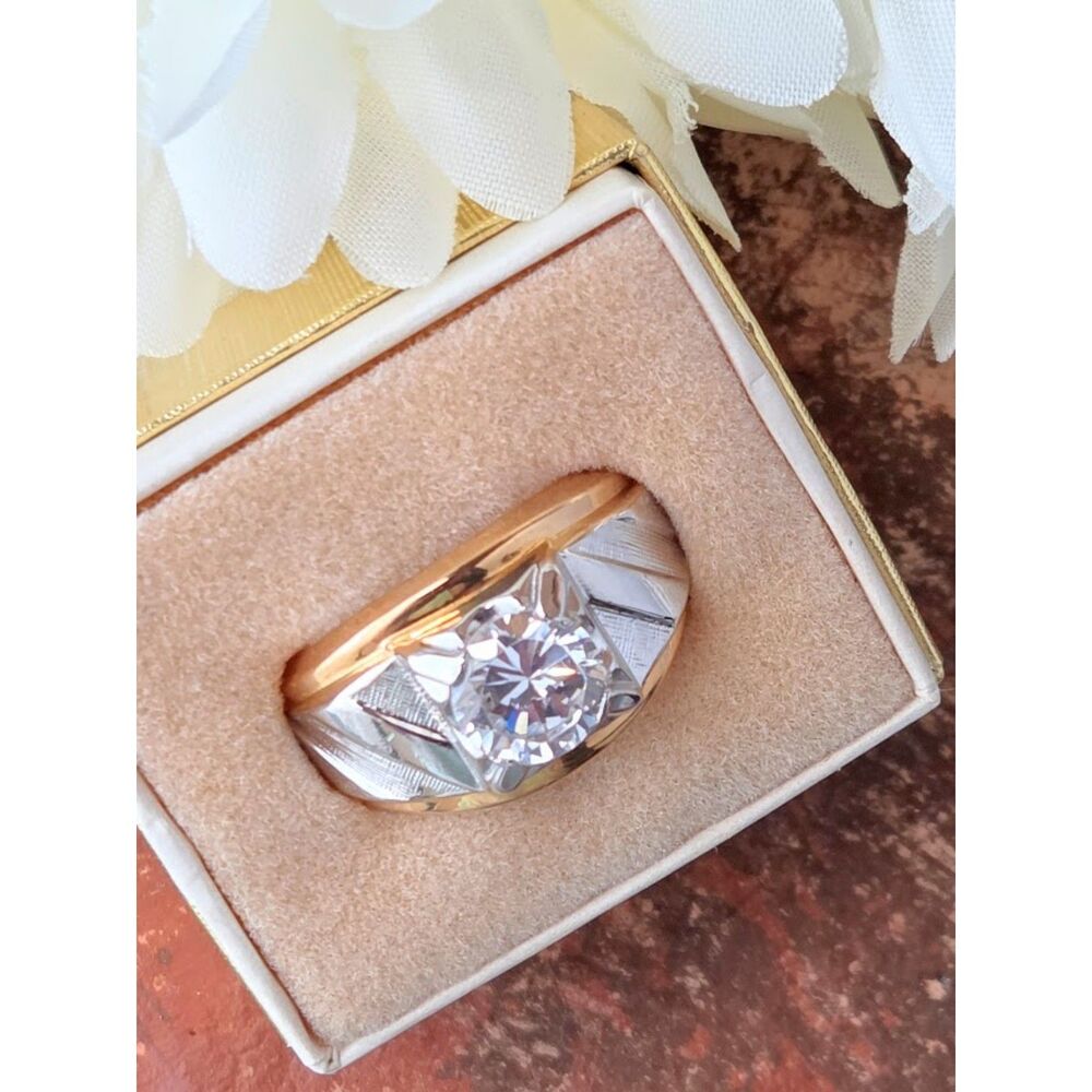 Lindenwold Men 14k HGE Two Tone Ring 2 CT DEW Round Cubic Zirconia in Gift Box